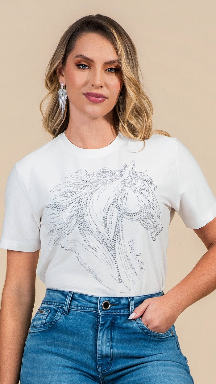 T Shirt Ampla Buphallos Branca Strass Horse Bpl1456A — foto 1