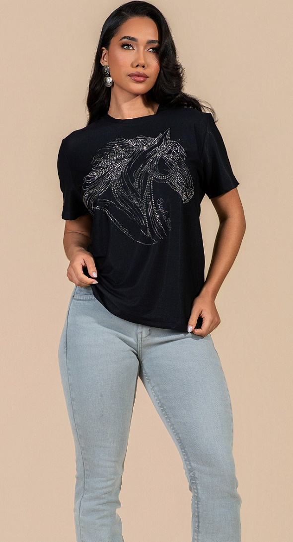 T Shirt Ampla Buphallos Preta Strass Horse Bpl1456 — foto 1