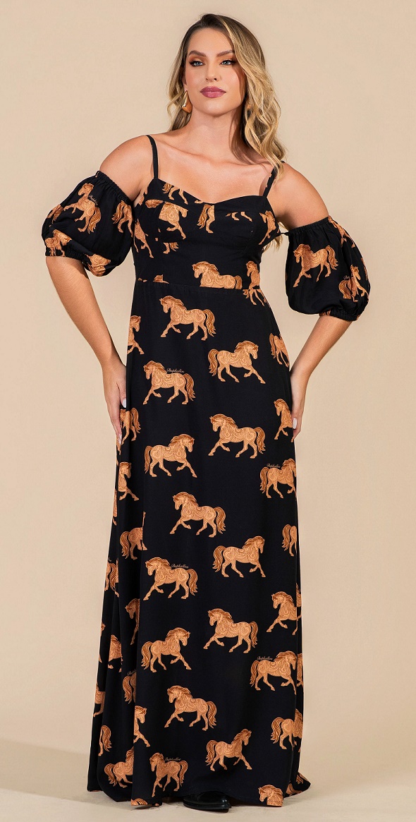 Vestido Buphallos Preto Longo Horses Caramelo Bpl1412 — foto 1